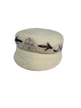 Jan Leslie Beaded Wool Hat Off White Designer Cap 1990s